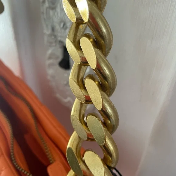 Mango Orange Quilted Baguette Purse with Gold Chain - Picture 9 of 16